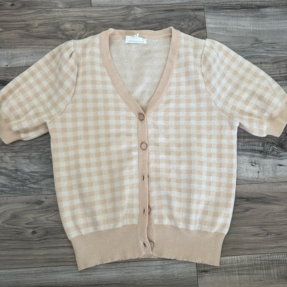 Heartloom X Revolve Gingham Checkered Cardigan Sweater Pearly Buttons Beige M